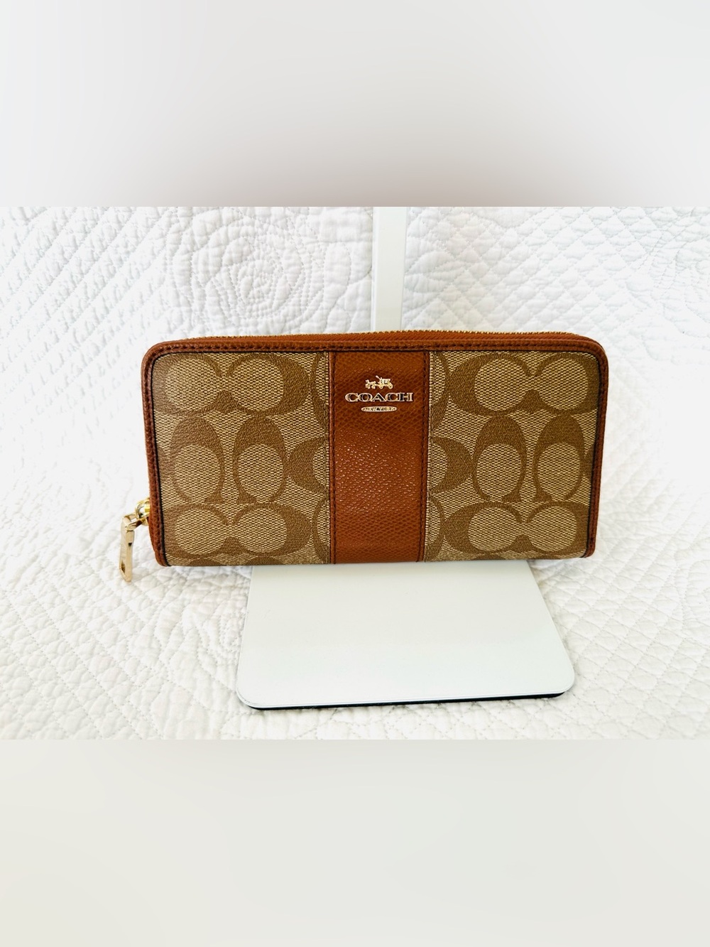 Coach Brown Signature Canvas Zip Wallet with Chestnut Trim